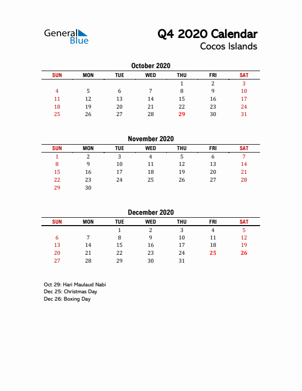 2020 Q4 Calendar with Holidays List for Cocos Islands