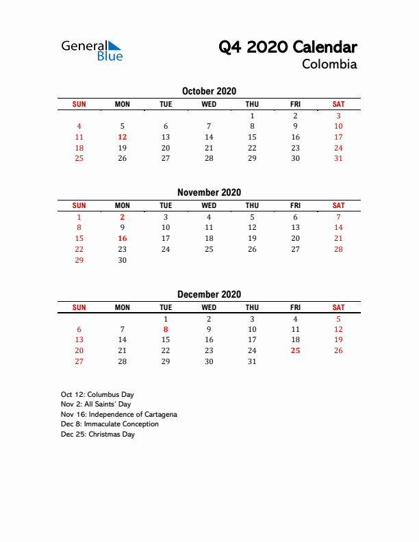 2020 Q4 Calendar with Holidays List for Colombia