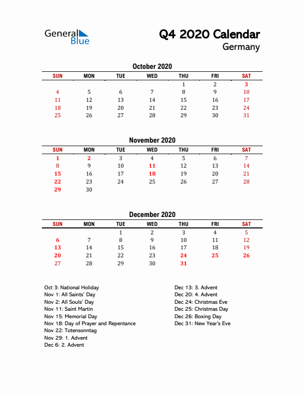 2020 Q4 Calendar with Holidays List for Germany