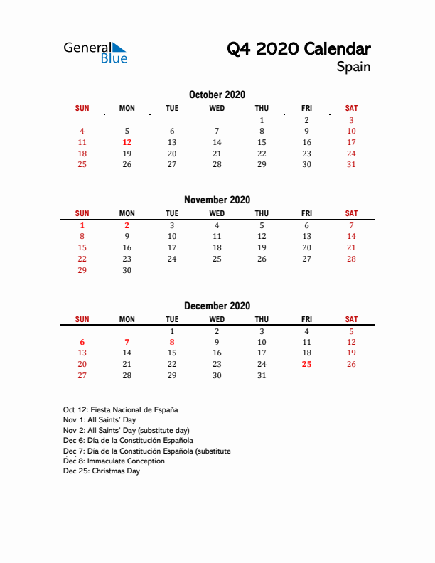 2020 Q4 Calendar with Holidays List for Spain