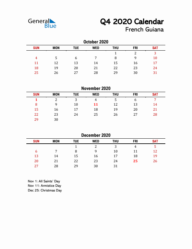 2020 Q4 Calendar with Holidays List for French Guiana