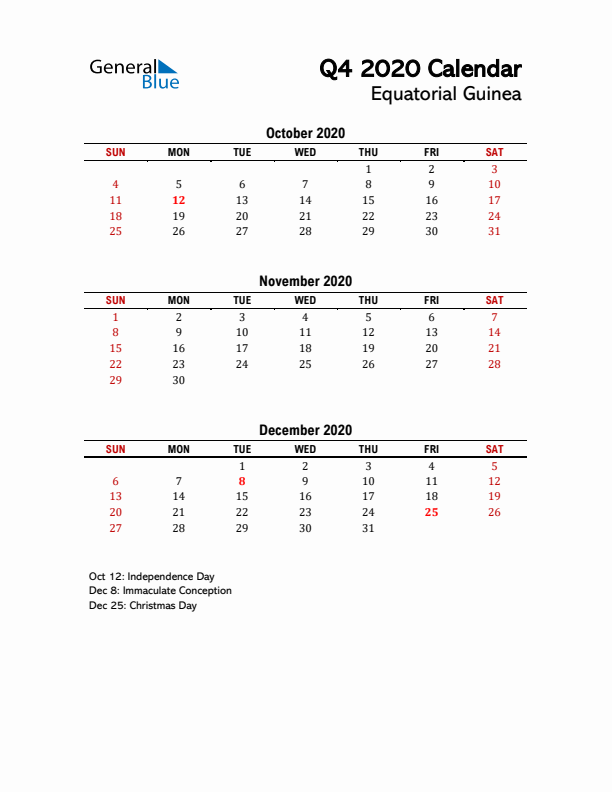 2020 Q4 Calendar with Holidays List for Equatorial Guinea