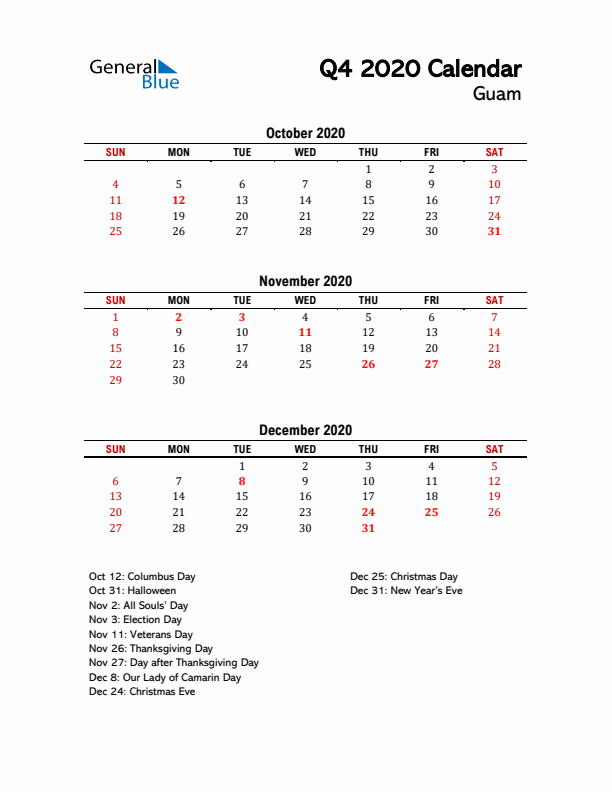 2020 Q4 Calendar with Holidays List for Guam