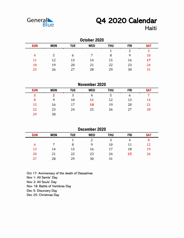 2020 Q4 Calendar with Holidays List for Haiti