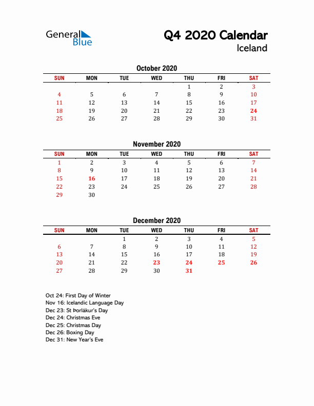 2020 Q4 Calendar with Holidays List for Iceland