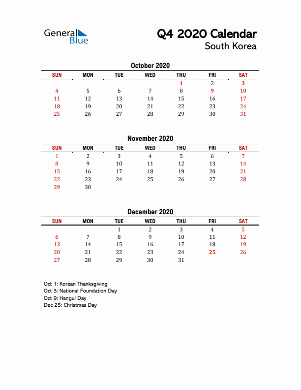 2020 Q4 Calendar with Holidays List for South Korea