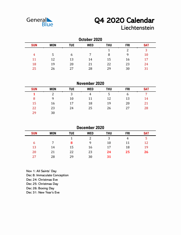 2020 Q4 Calendar with Holidays List for Liechtenstein