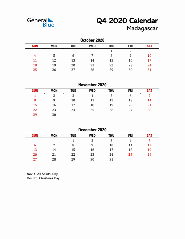 2020 Q4 Calendar with Holidays List for Madagascar