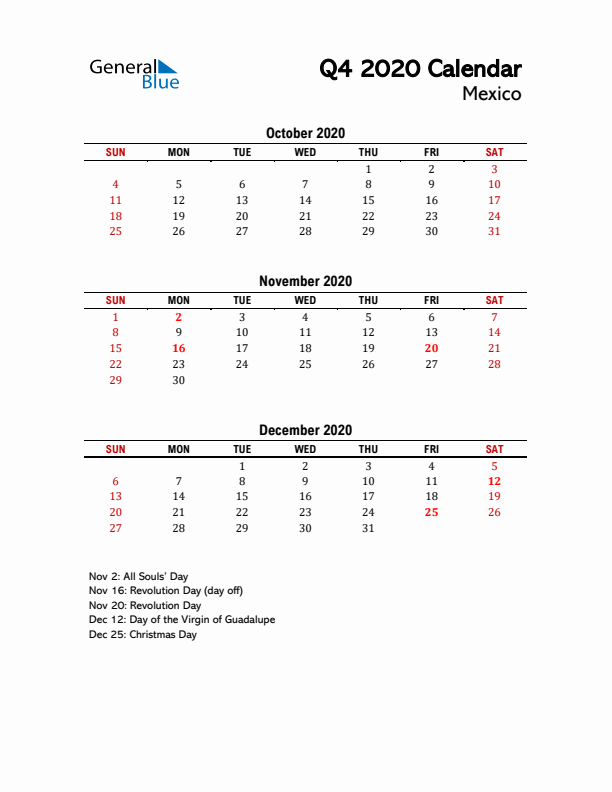 2020 Q4 Calendar with Holidays List for Mexico