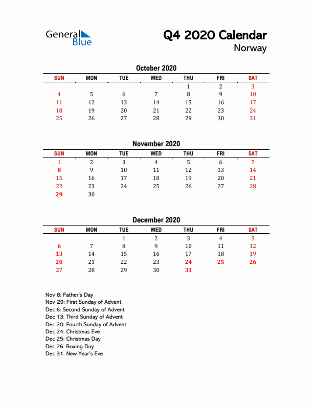 2020 Q4 Calendar with Holidays List for Norway