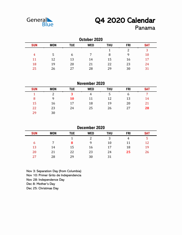 2020 Q4 Calendar with Holidays List for Panama