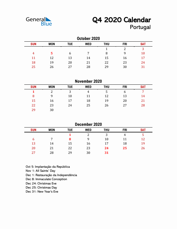 2020 Q4 Calendar with Holidays List for Portugal