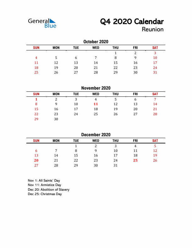 2020 Q4 Calendar with Holidays List for Reunion