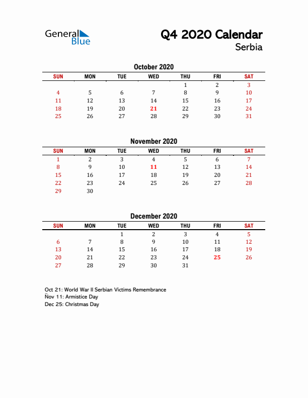 2020 Q4 Calendar with Holidays List for Serbia