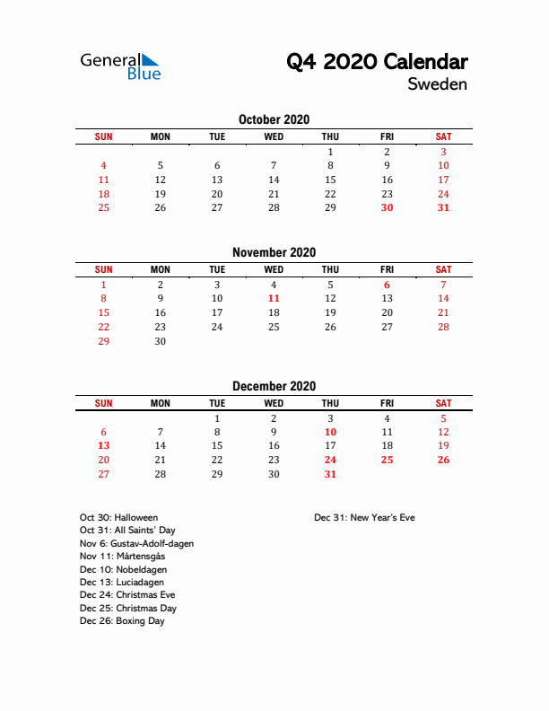 2020 Q4 Calendar with Holidays List for Sweden