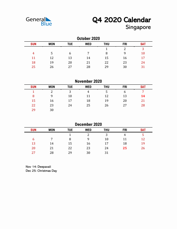 2020 Q4 Calendar with Holidays List for Singapore