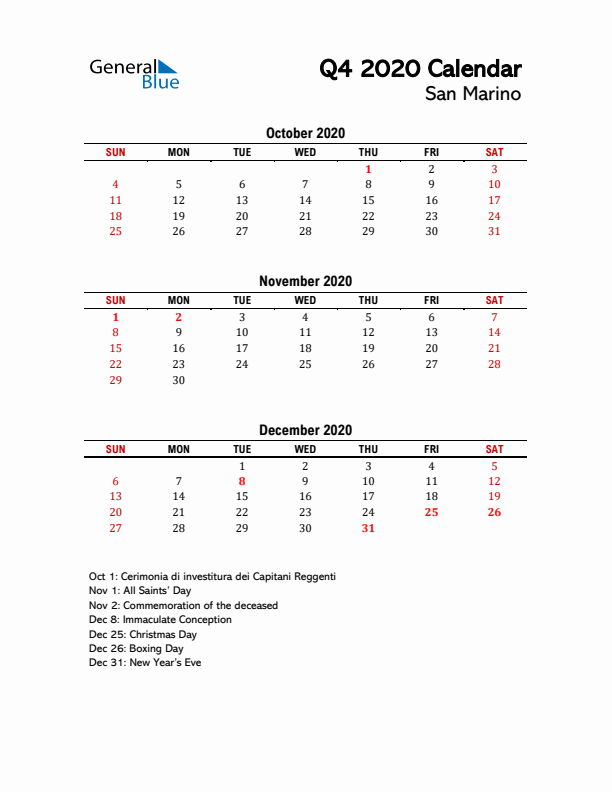 2020 Q4 Calendar with Holidays List for San Marino