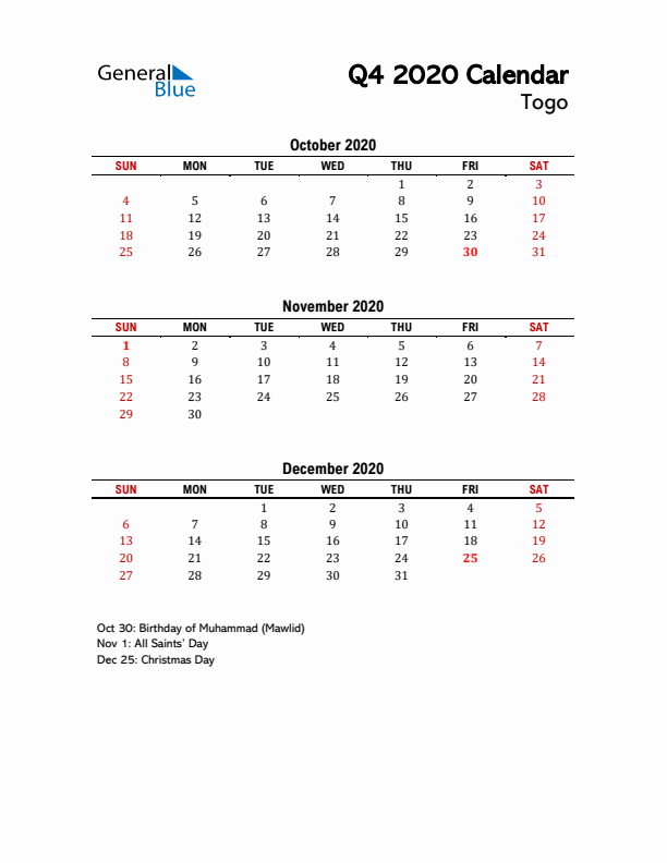 2020 Q4 Calendar with Holidays List for Togo