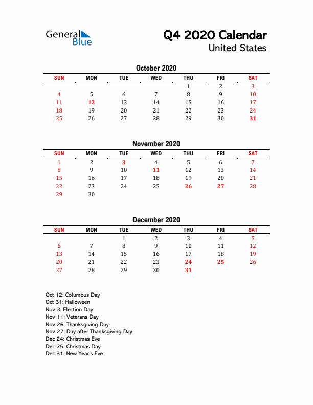 2020 Q4 Calendar with Holidays List for United States