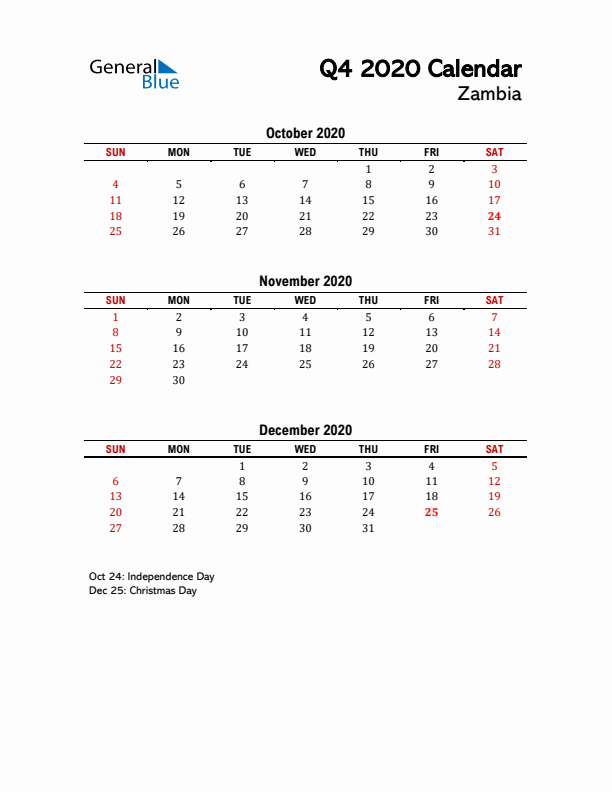 2020 Q4 Calendar with Holidays List for Zambia