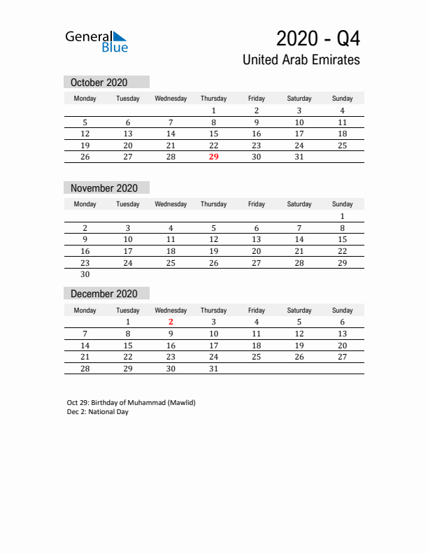 United Arab Emirates Quarter 4 2020 Calendar with Holidays