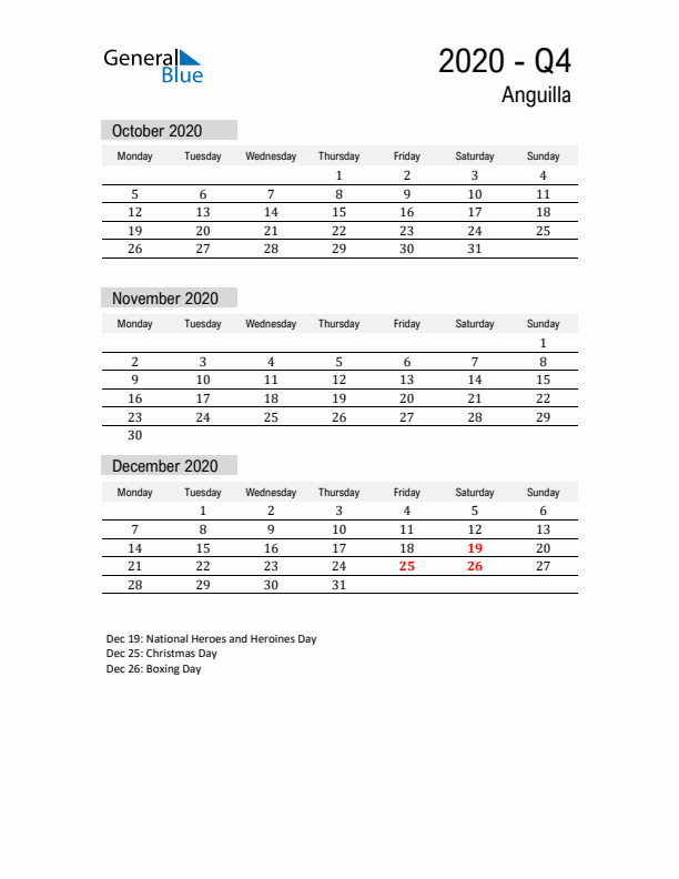 Anguilla Quarter 4 2020 Calendar with Holidays