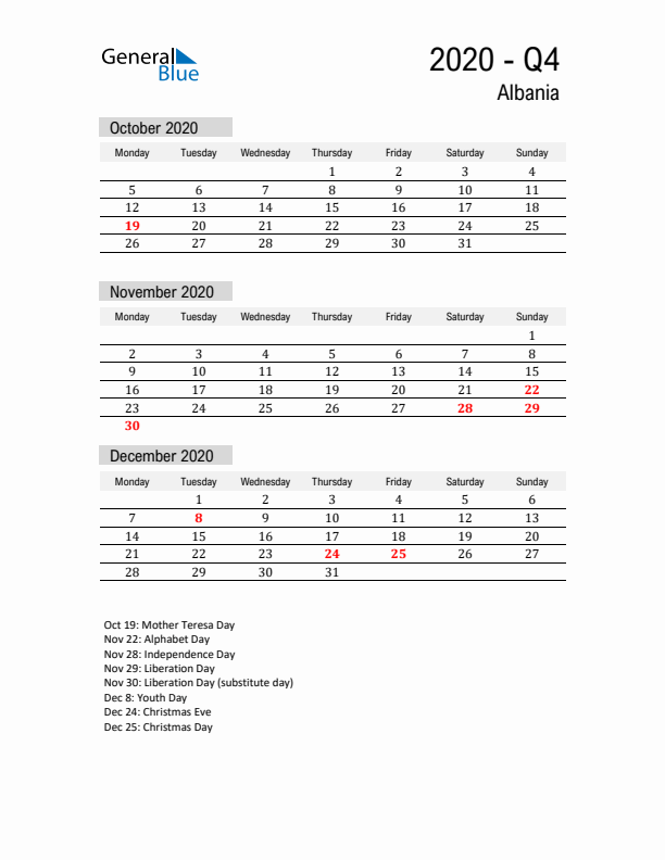 Albania Quarter 4 2020 Calendar with Holidays