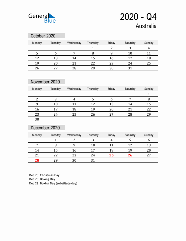 Australia Quarter 4 2020 Calendar with Holidays