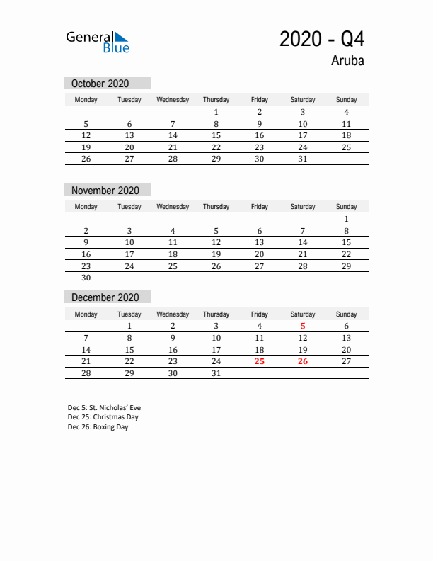 Aruba Quarter 4 2020 Calendar with Holidays