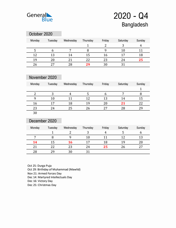 Bangladesh Quarter 4 2020 Calendar with Holidays