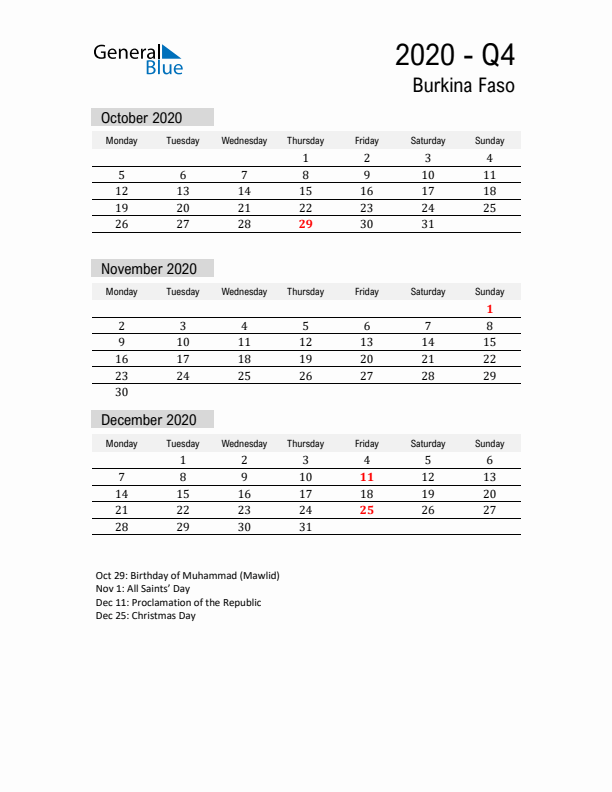 Burkina Faso Quarter 4 2020 Calendar with Holidays