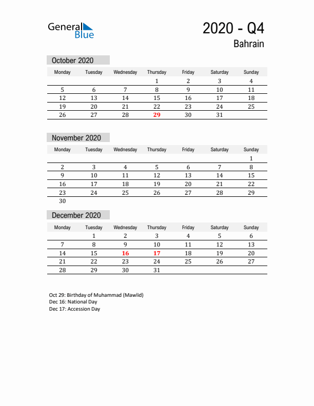 Bahrain Quarter 4 2020 Calendar with Holidays