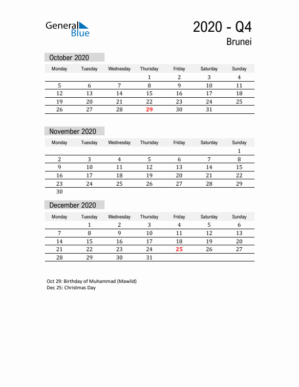 Brunei Quarter 4 2020 Calendar with Holidays