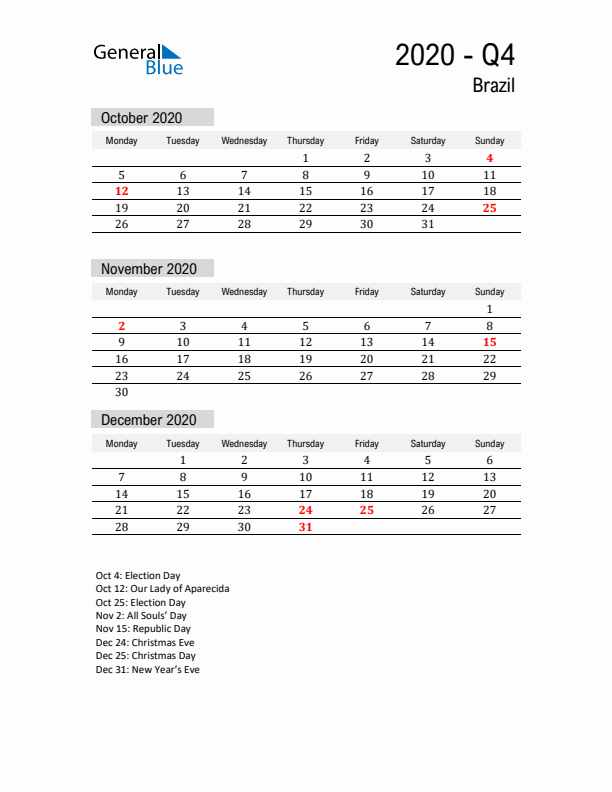 Brazil Quarter 4 2020 Calendar with Holidays