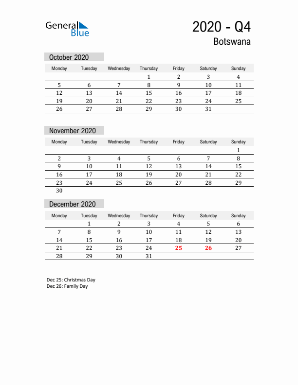 Botswana Quarter 4 2020 Calendar with Holidays