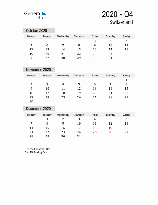 Switzerland Quarter 4 2020 Calendar with Holidays