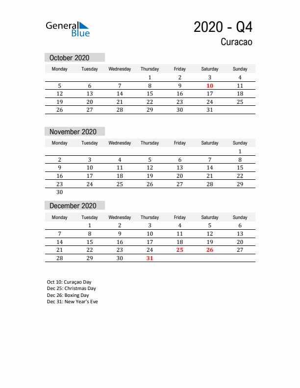 Curacao Quarter 4 2020 Calendar with Holidays