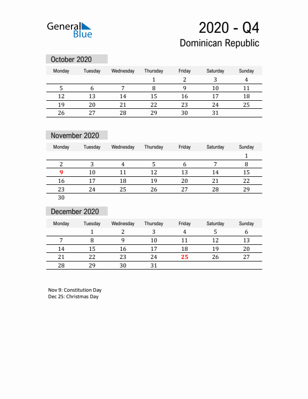 Dominican Republic Quarter 4 2020 Calendar with Holidays