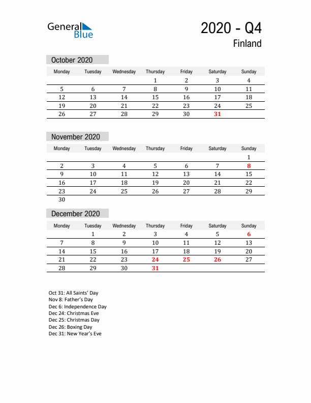 Finland Quarter 4 2020 Calendar with Holidays