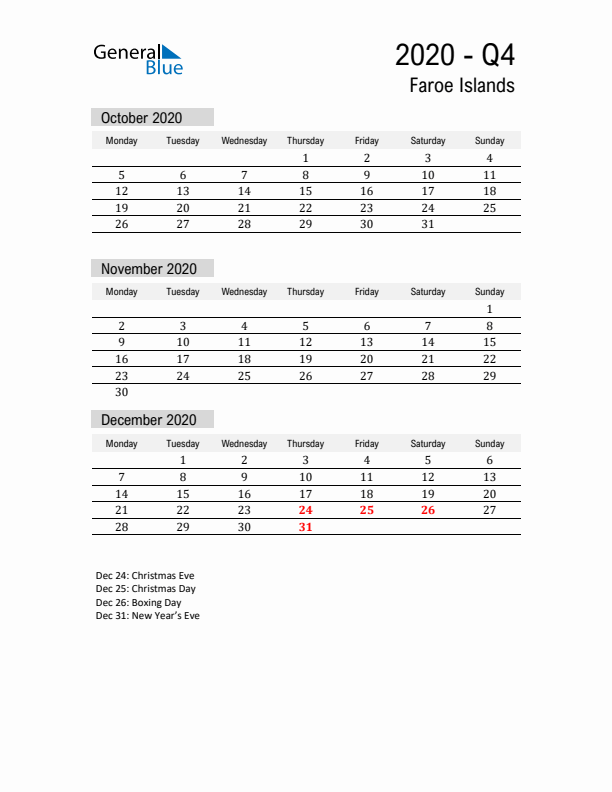 Faroe Islands Quarter 4 2020 Calendar with Holidays