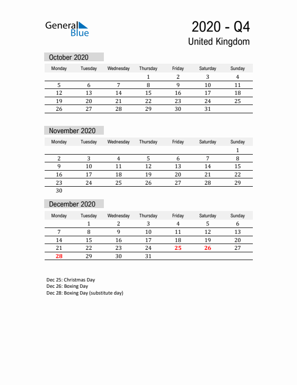 United Kingdom Quarter 4 2020 Calendar with Holidays