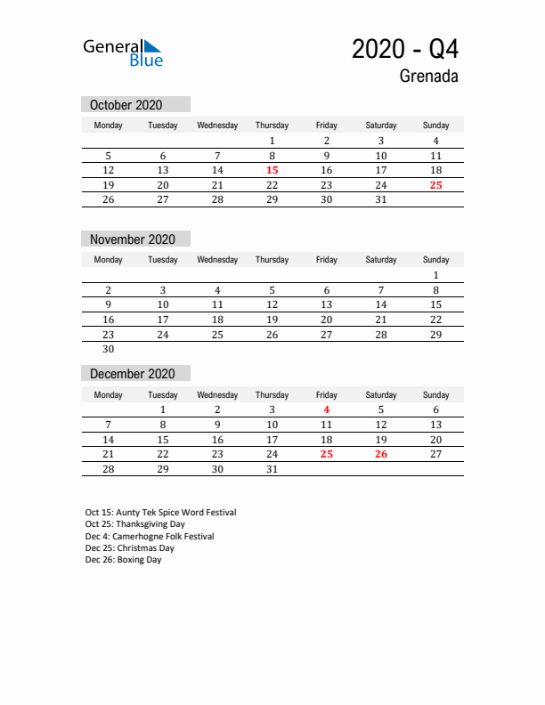 Grenada Quarter 4 2020 Calendar with Holidays