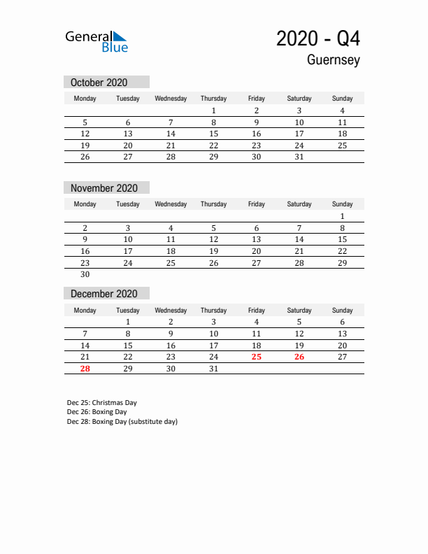 Guernsey Quarter 4 2020 Calendar with Holidays