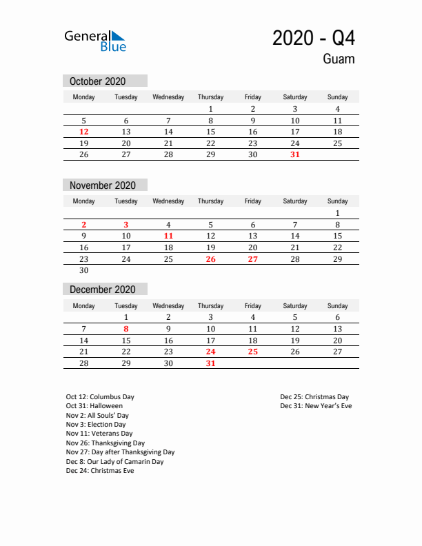 Guam Quarter 4 2020 Calendar with Holidays