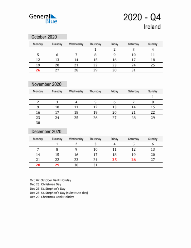 Ireland Quarter 4 2020 Calendar with Holidays