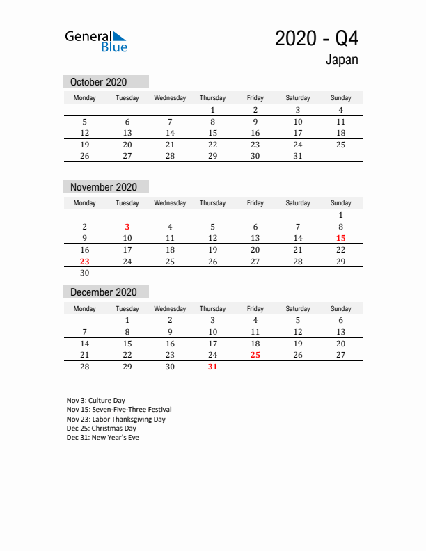 Japan Quarter 4 2020 Calendar with Holidays