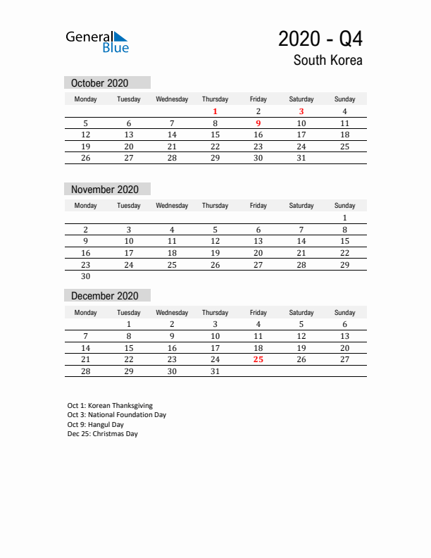 South Korea Quarter 4 2020 Calendar with Holidays