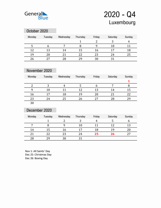 Luxembourg Quarter 4 2020 Calendar with Holidays