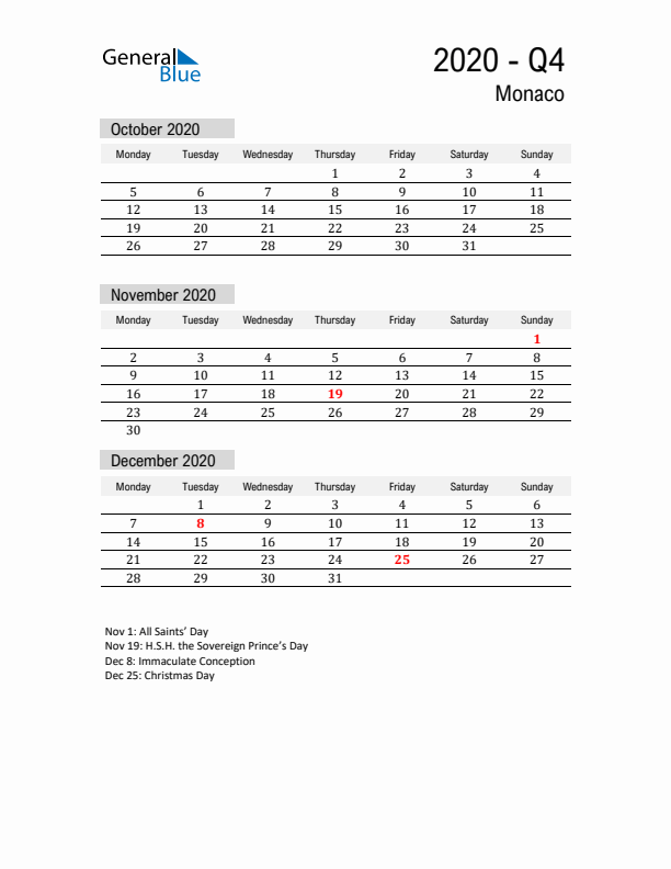 Monaco Quarter 4 2020 Calendar with Holidays