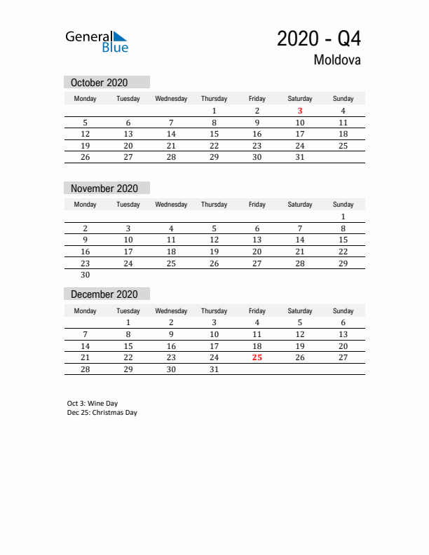 Moldova Quarter 4 2020 Calendar with Holidays